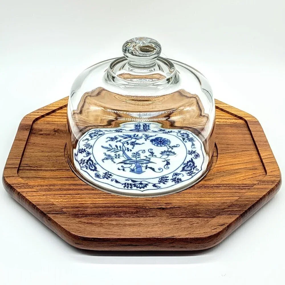 Vintage Dolphin Teakwood Cloche Blue White Center Tile Cheese Board